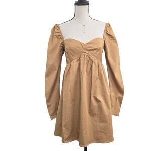 Women’s Babydoll Mini Dress Cottagecore Tan Cotton S Sweetheart Neck Puff Sleeve